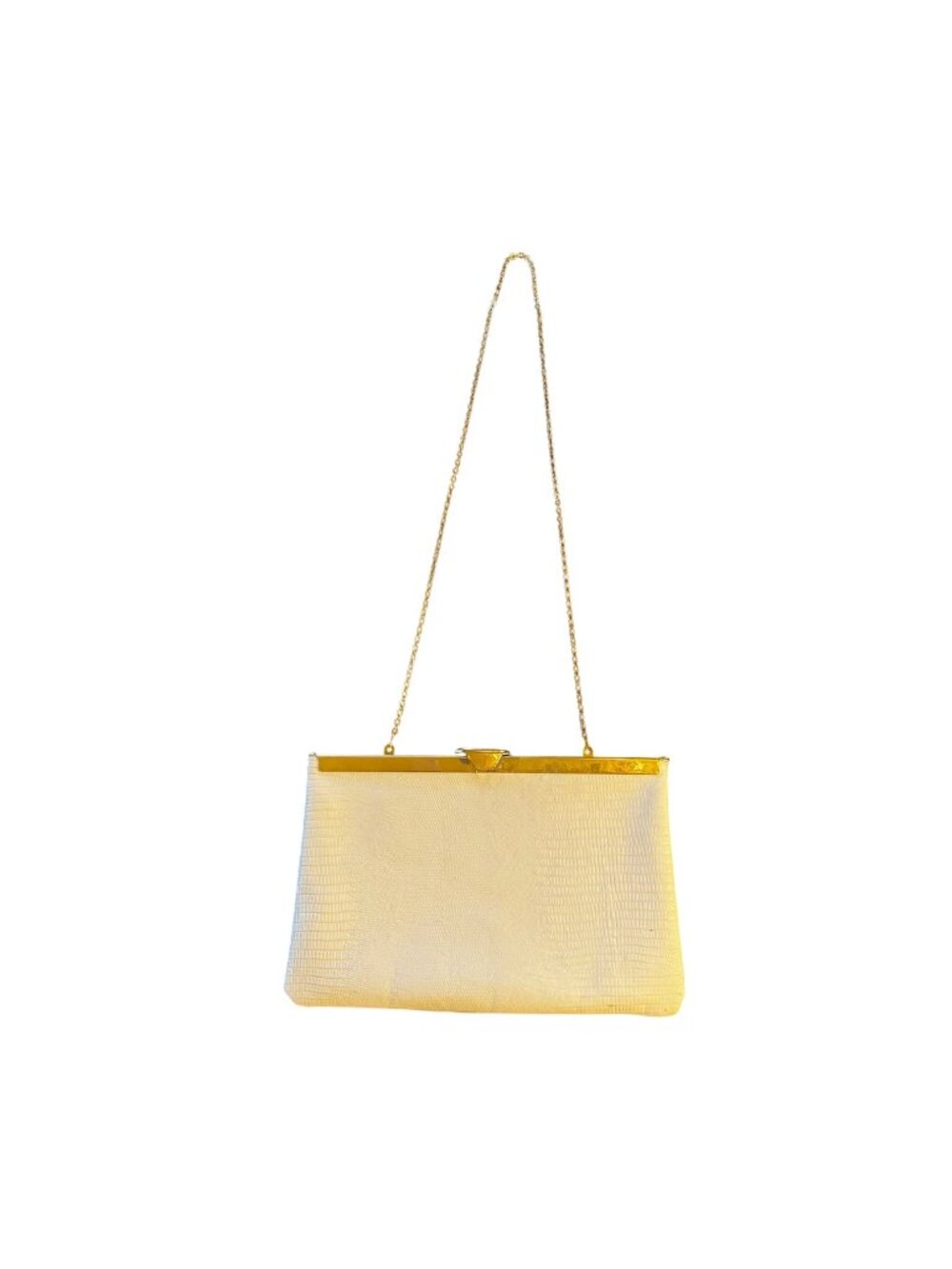 Vintage Handcrafted Leather Frame Purse Gold Chain White Lizard Texture